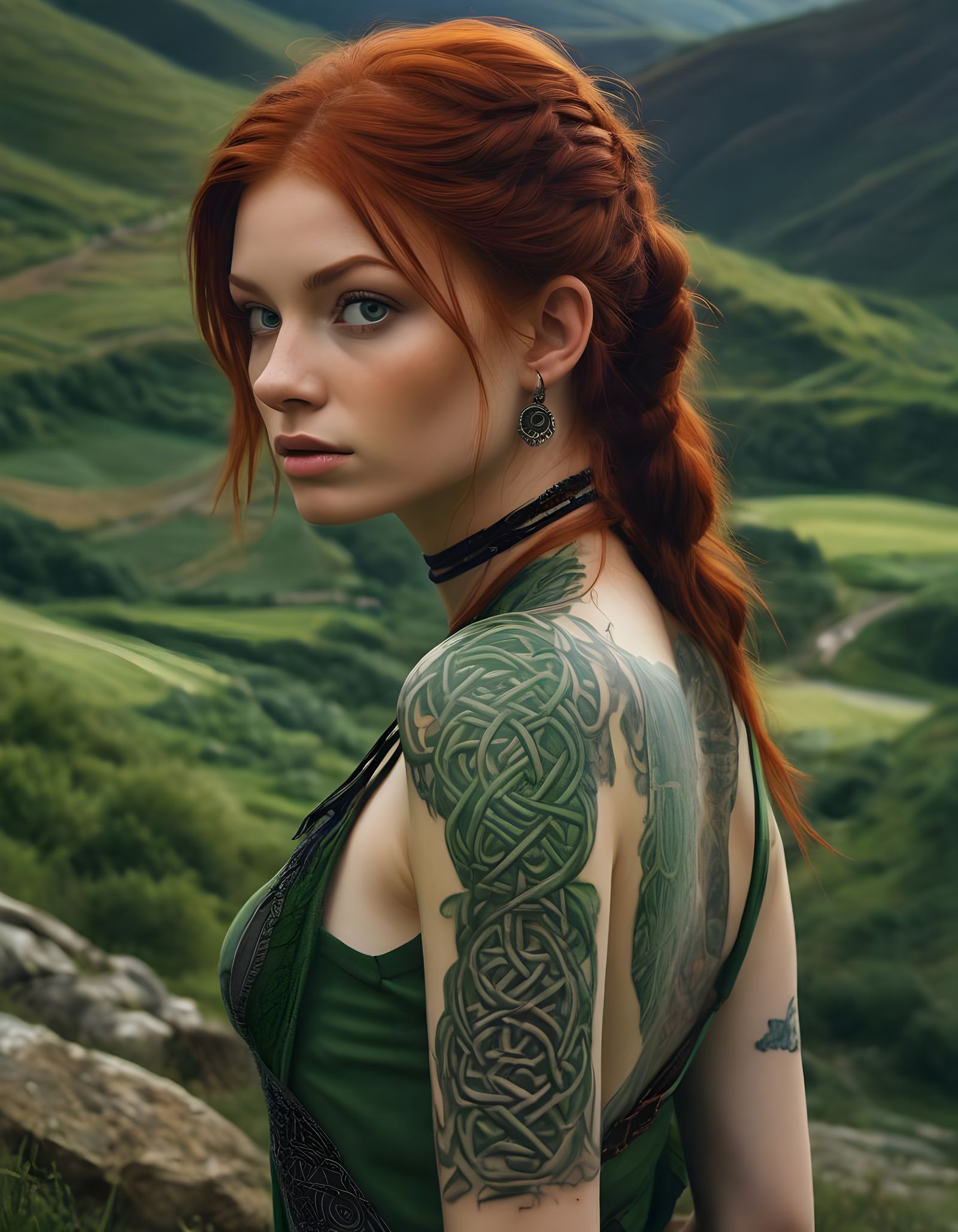 Celtic Knot Tattooed Girl with Emerald Eyes