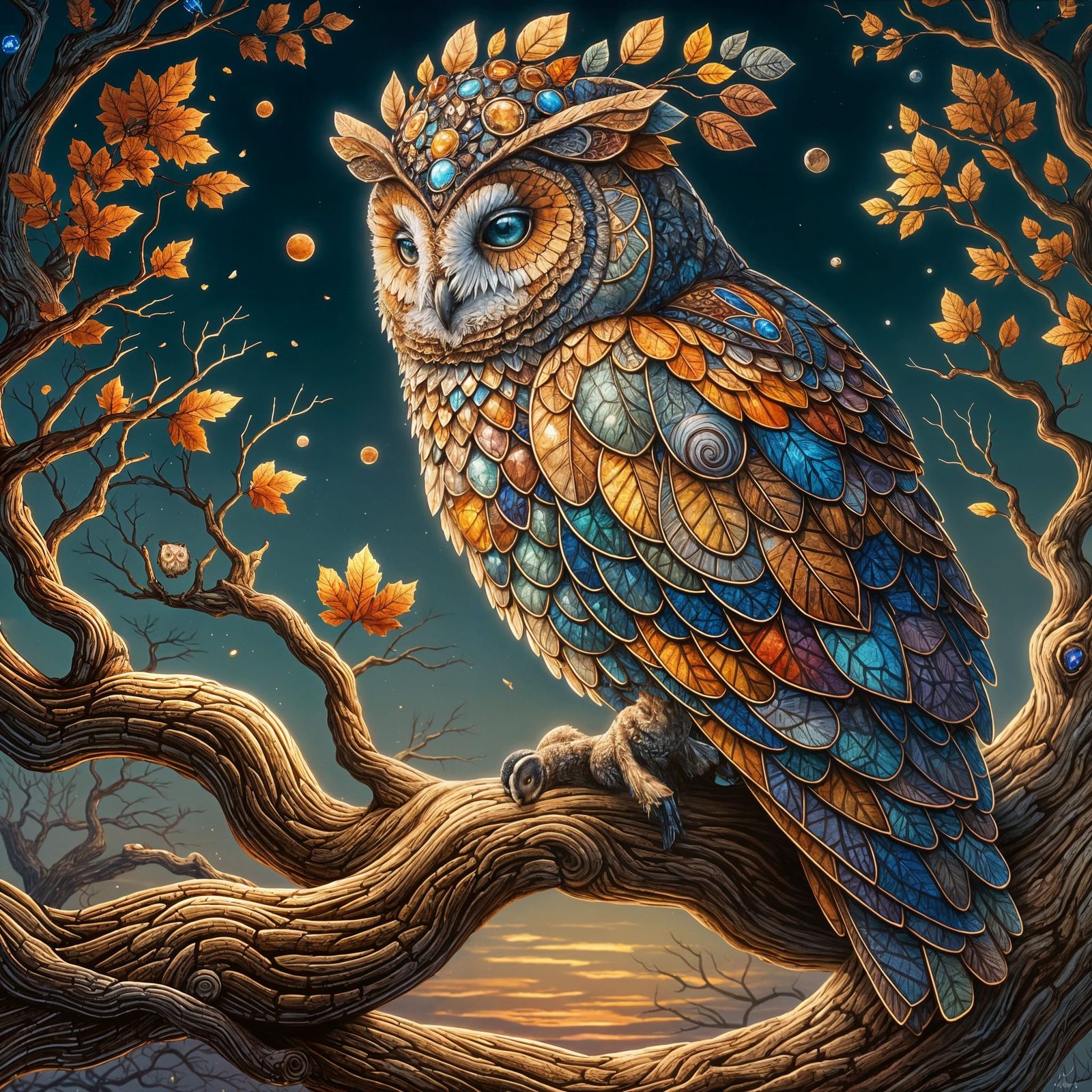 Majestic Owl in Stained Glass Plumage at Twilight