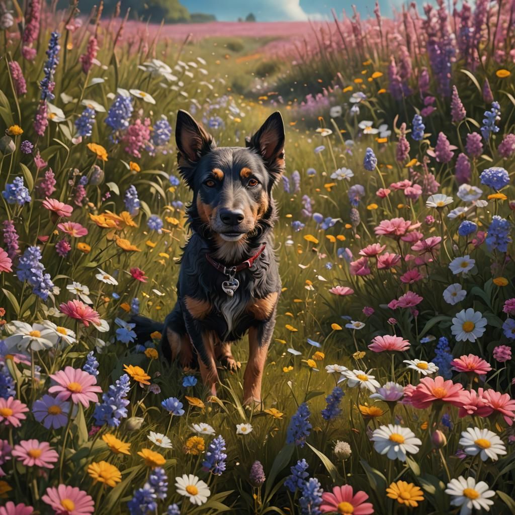 Dog in a Flower Field: Detailed Matte Painting
