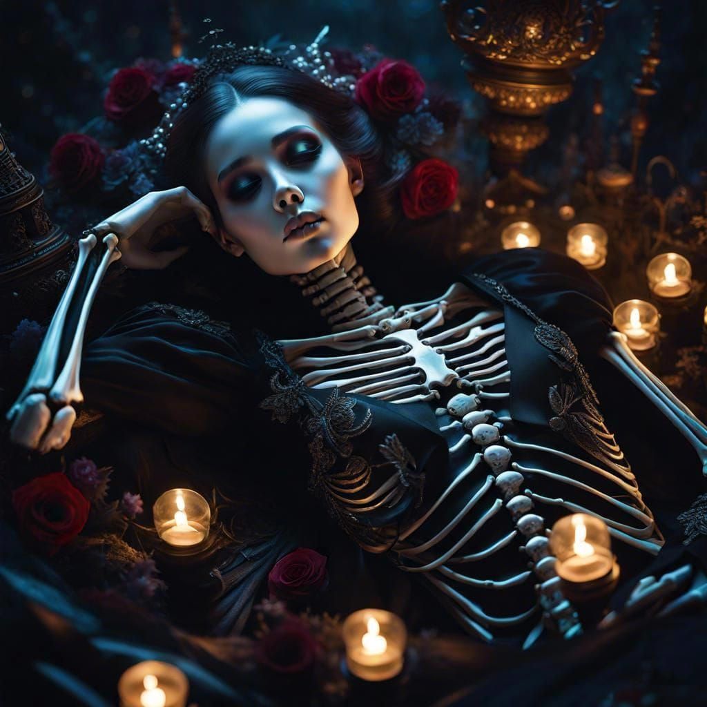 Ethereal Skeleton Woman on Catafalque