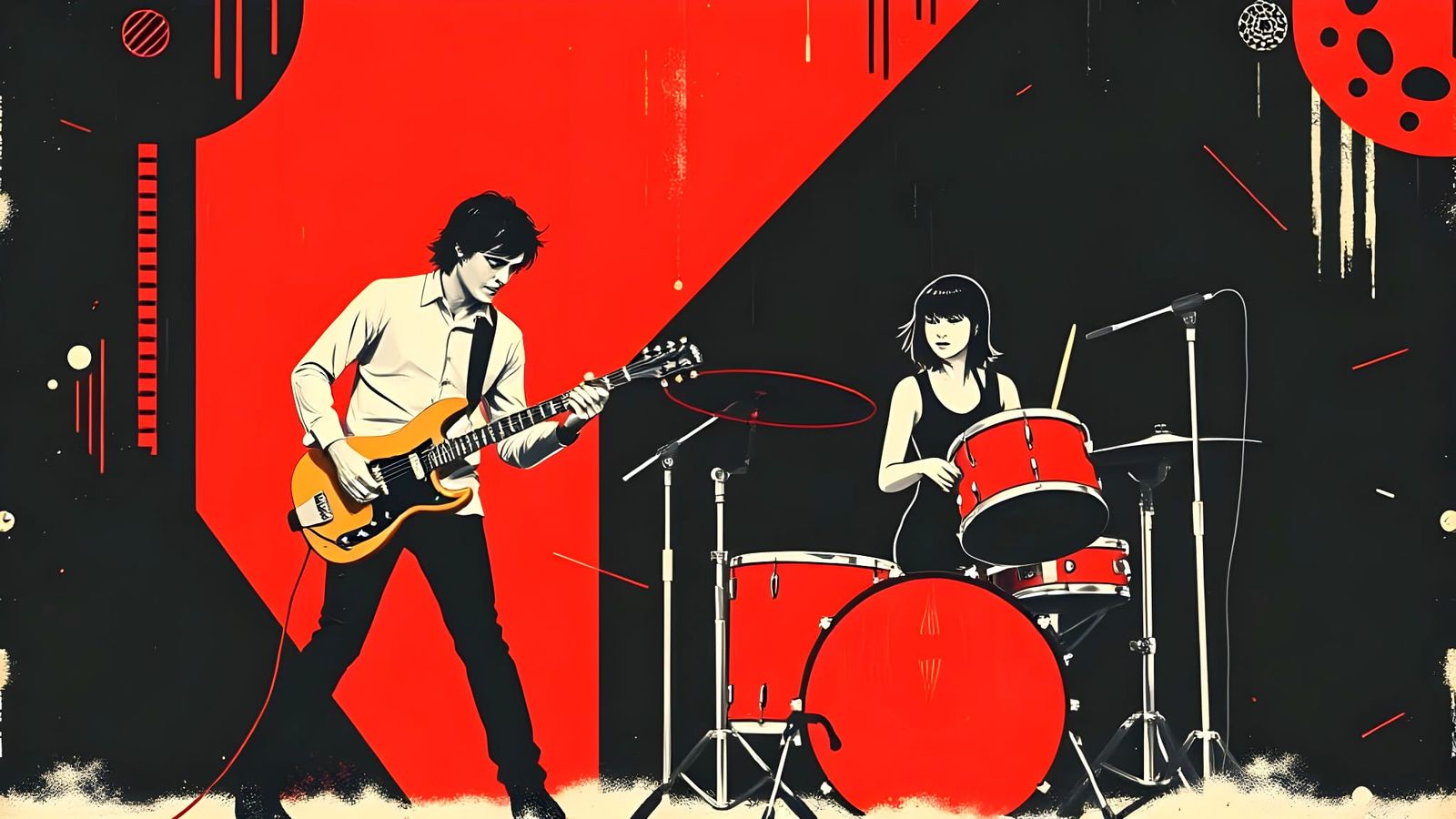 Rock Duo Performance in Bold Red and Black