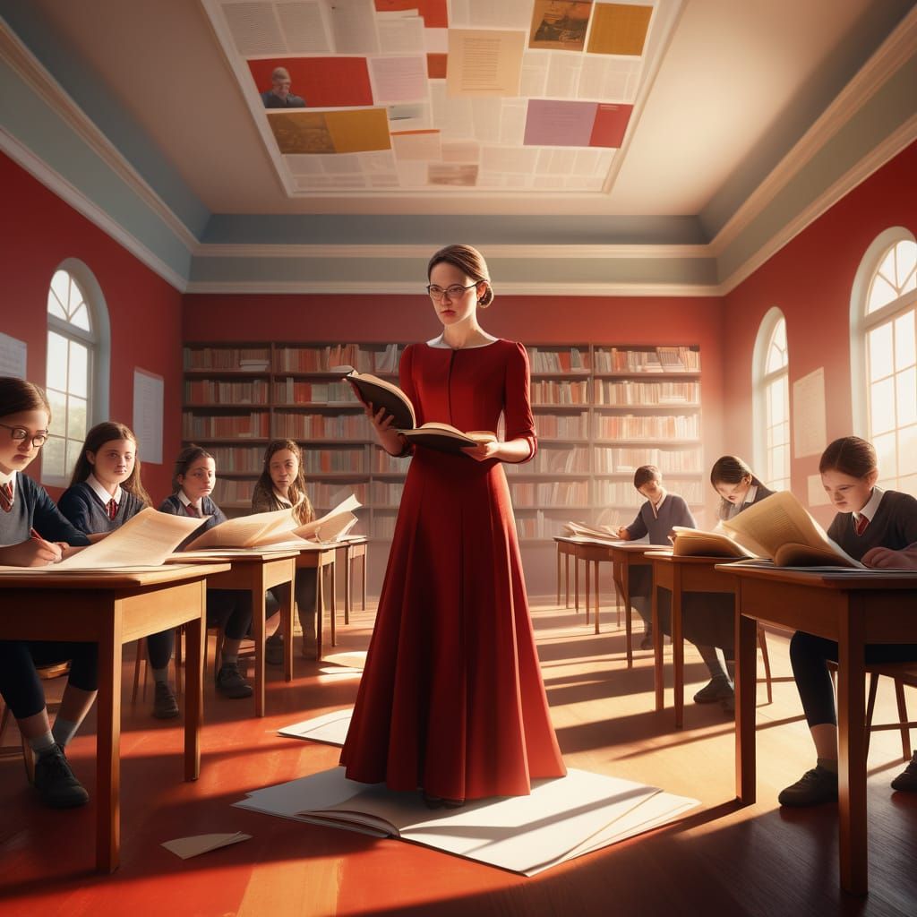 Surreal Classroom with Reversed Gravity and Elegant Teacher