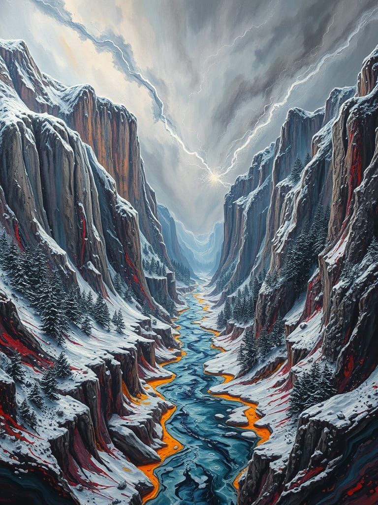 Molten Acrylic Landscape with Snow and Lightning