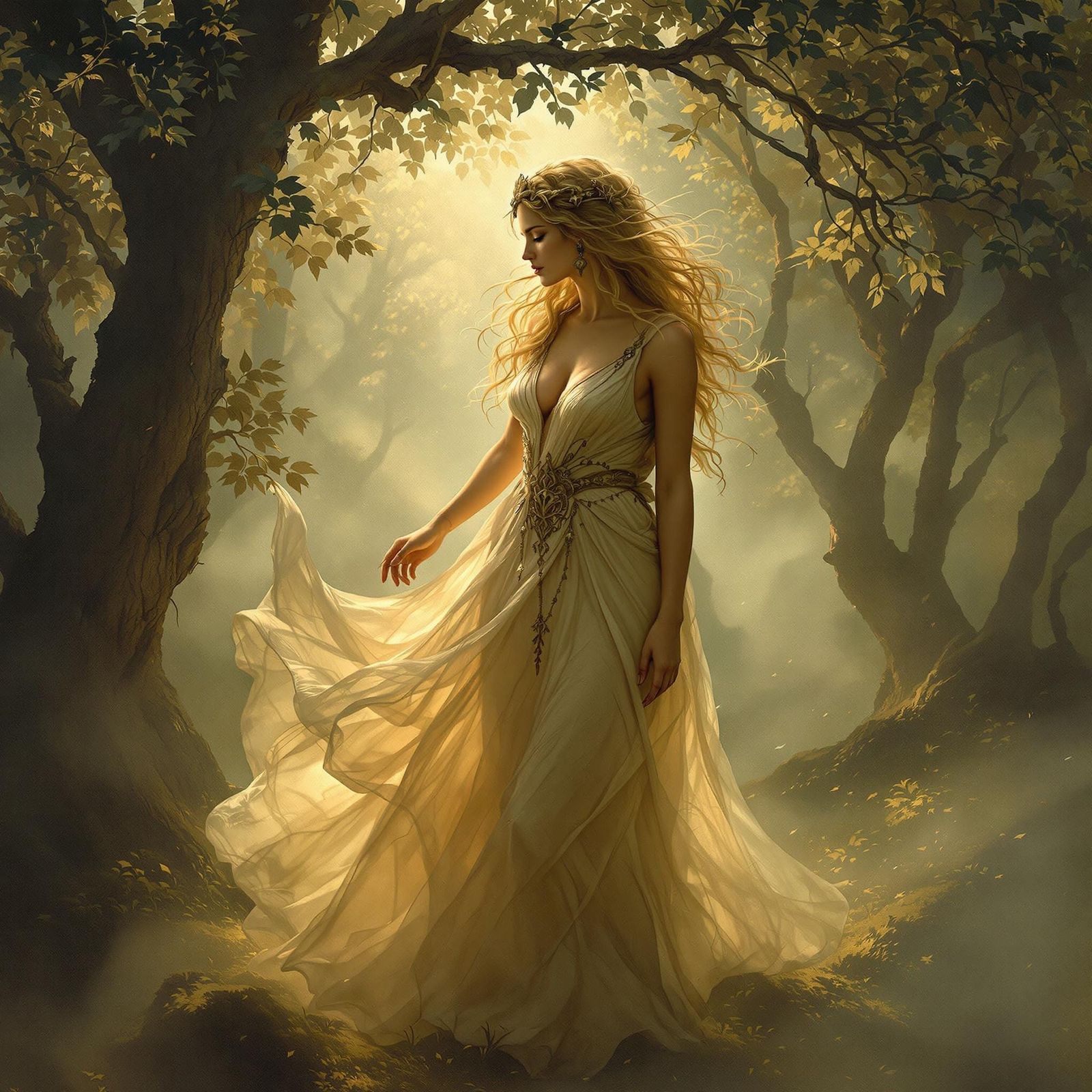 Athena Goddess in Dreamlike Pre-Raphaelite Landscape