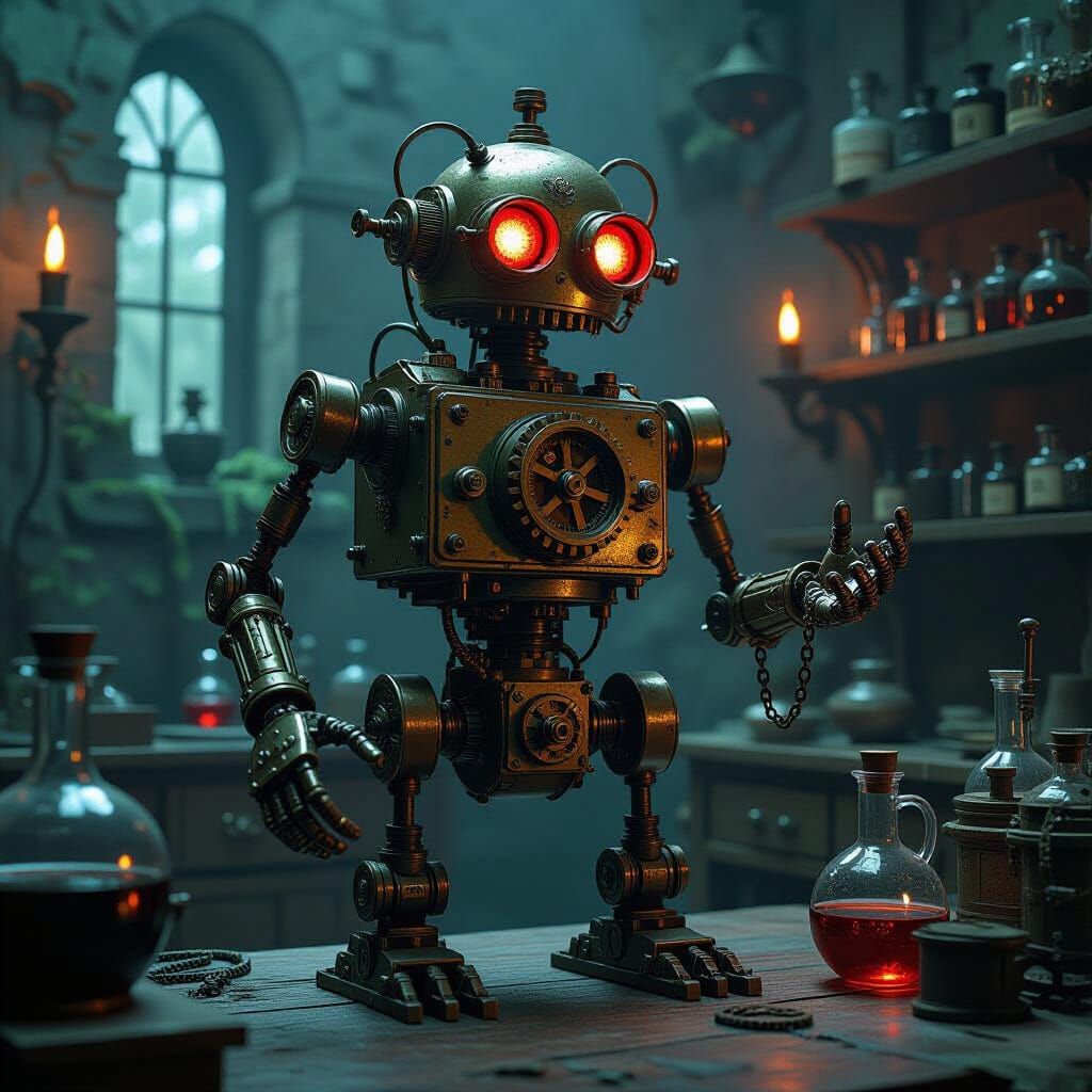 Steampunk Automaton in Alchemist's Laboratory