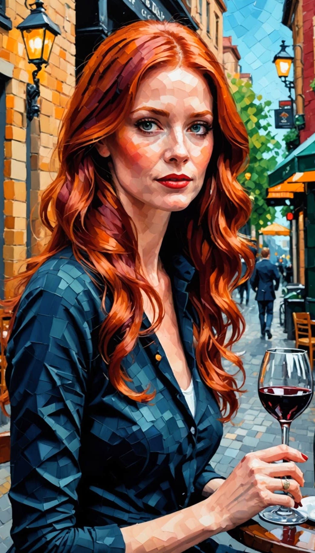 Elegant Redhead Enjoys Wine at Vibrant Street Cafe