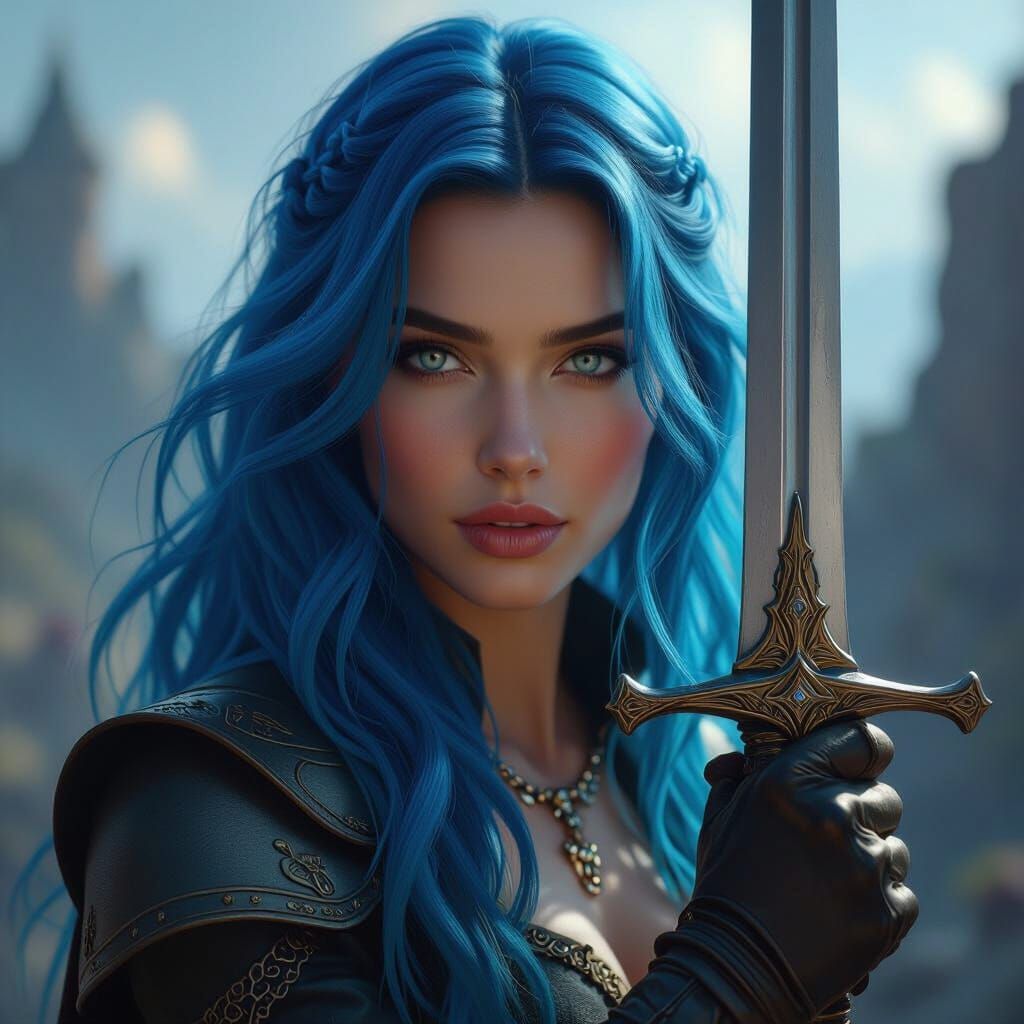 Blue Haired Warrior Woman With Sword in Fantasy Landscape