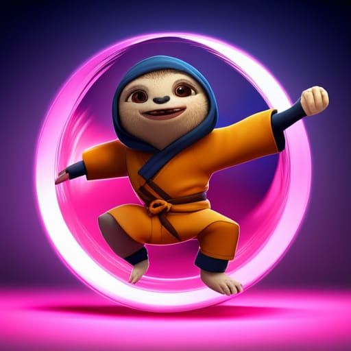 A ninja warrior (((sloths🦥))) with a hoodie fighting and smiling broadly , A thick golden amulet around his neck before...
