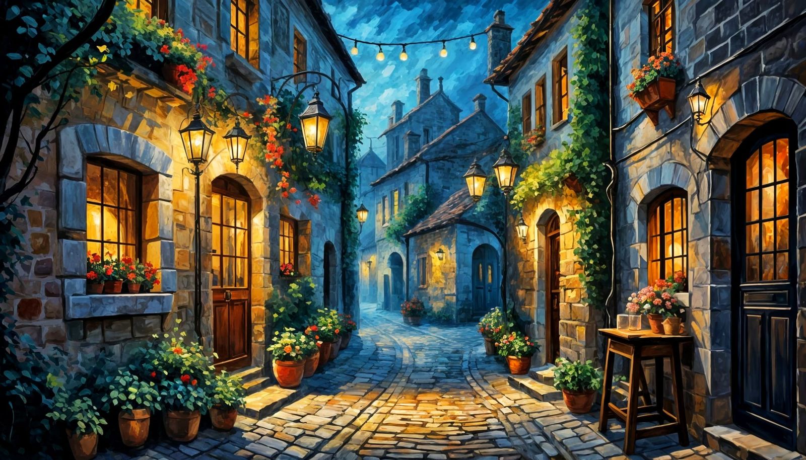 Romantic European Alleyway at Night