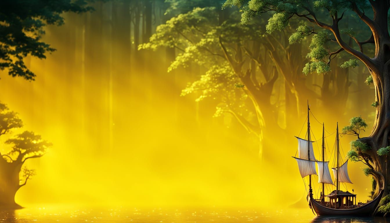 Elven Boat on River with Treehouse Castles