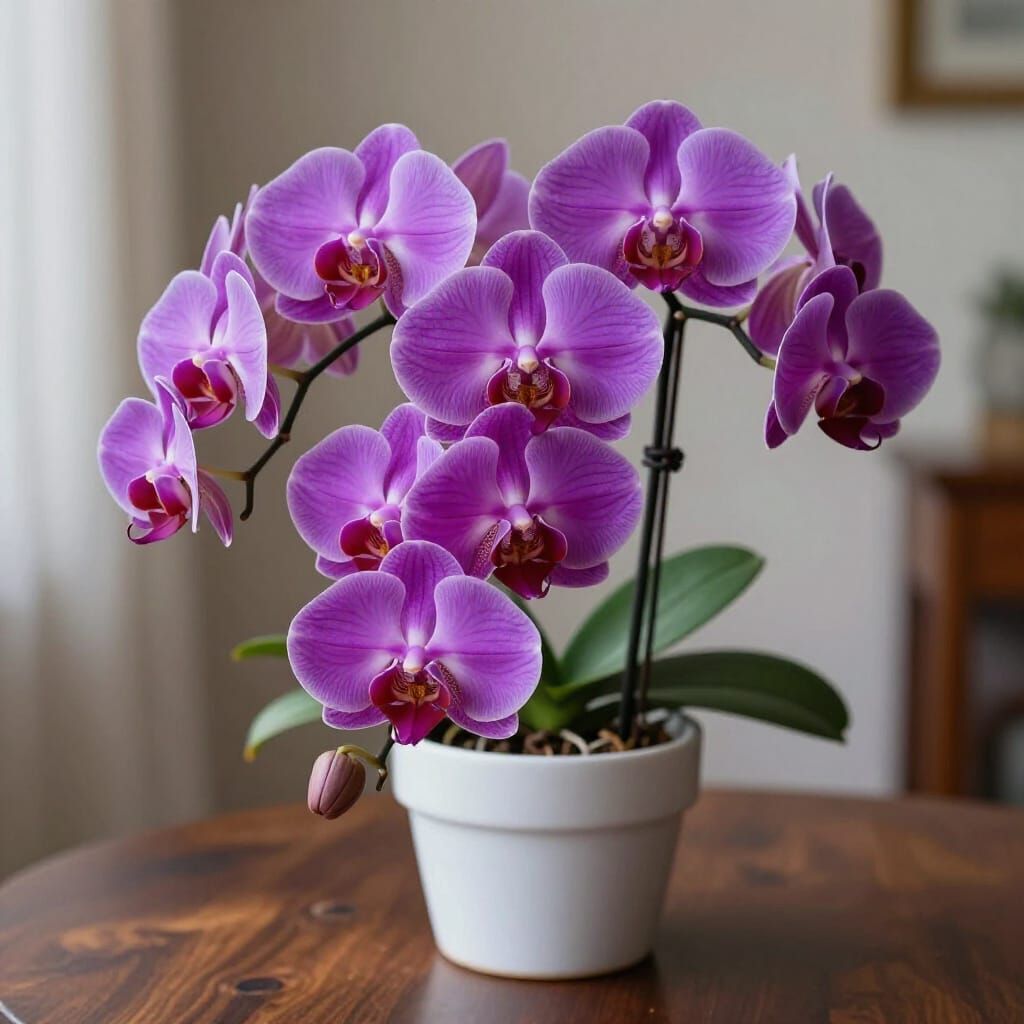 Vibrant Purple Vanda Orchids in Full Bloom on Wooden Table