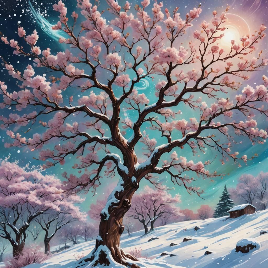 Cherry Tree in Snow: A Cosmic Illustration