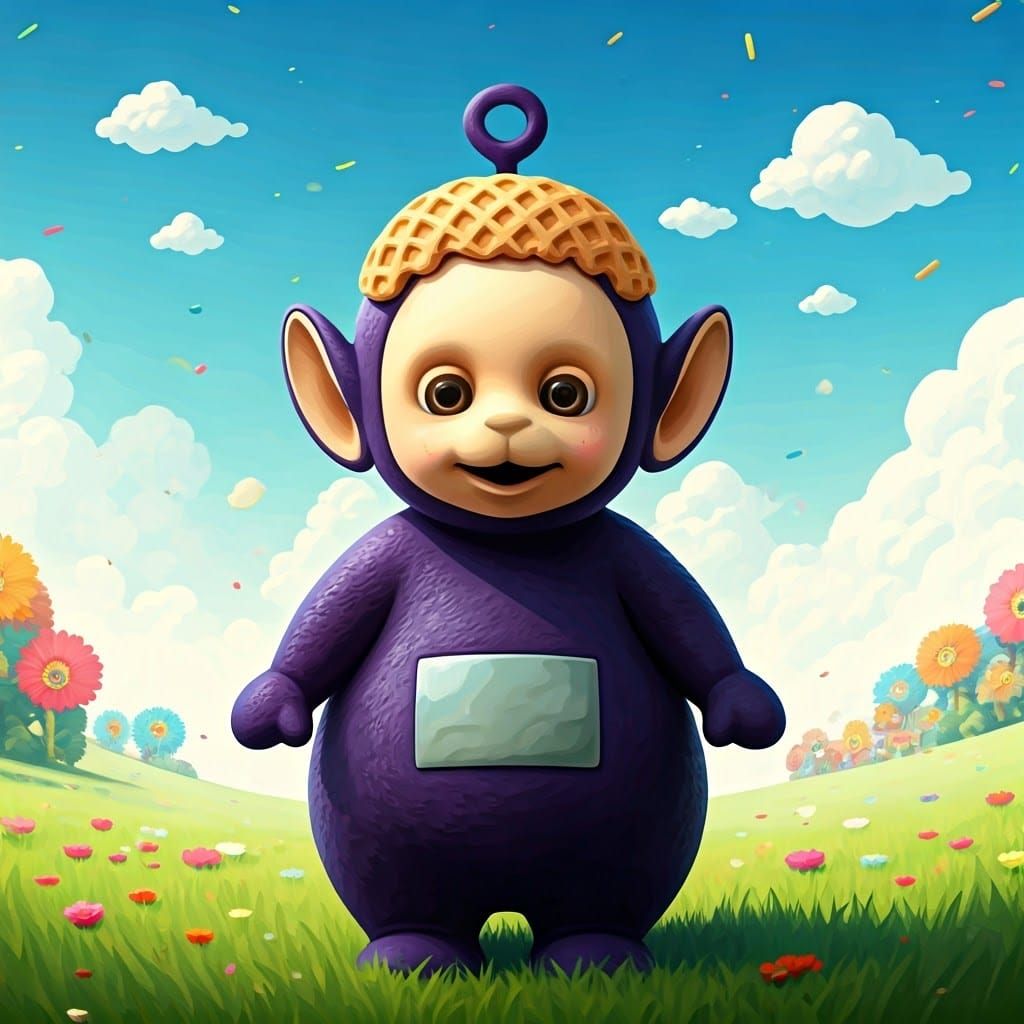 Whimsical Teletubby in a Waffle Antennae