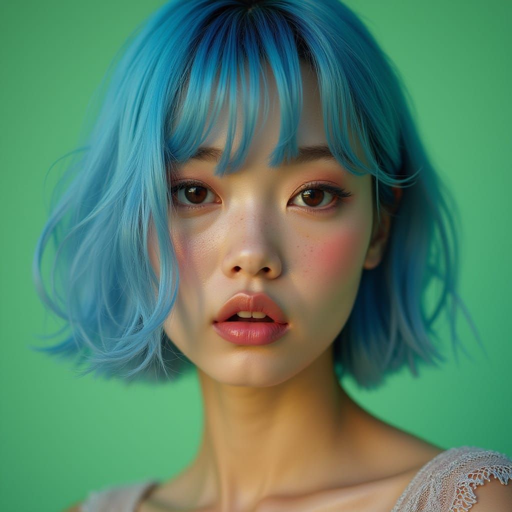 South Korean Dancer With Blue Hair In Retrofuturistic Style