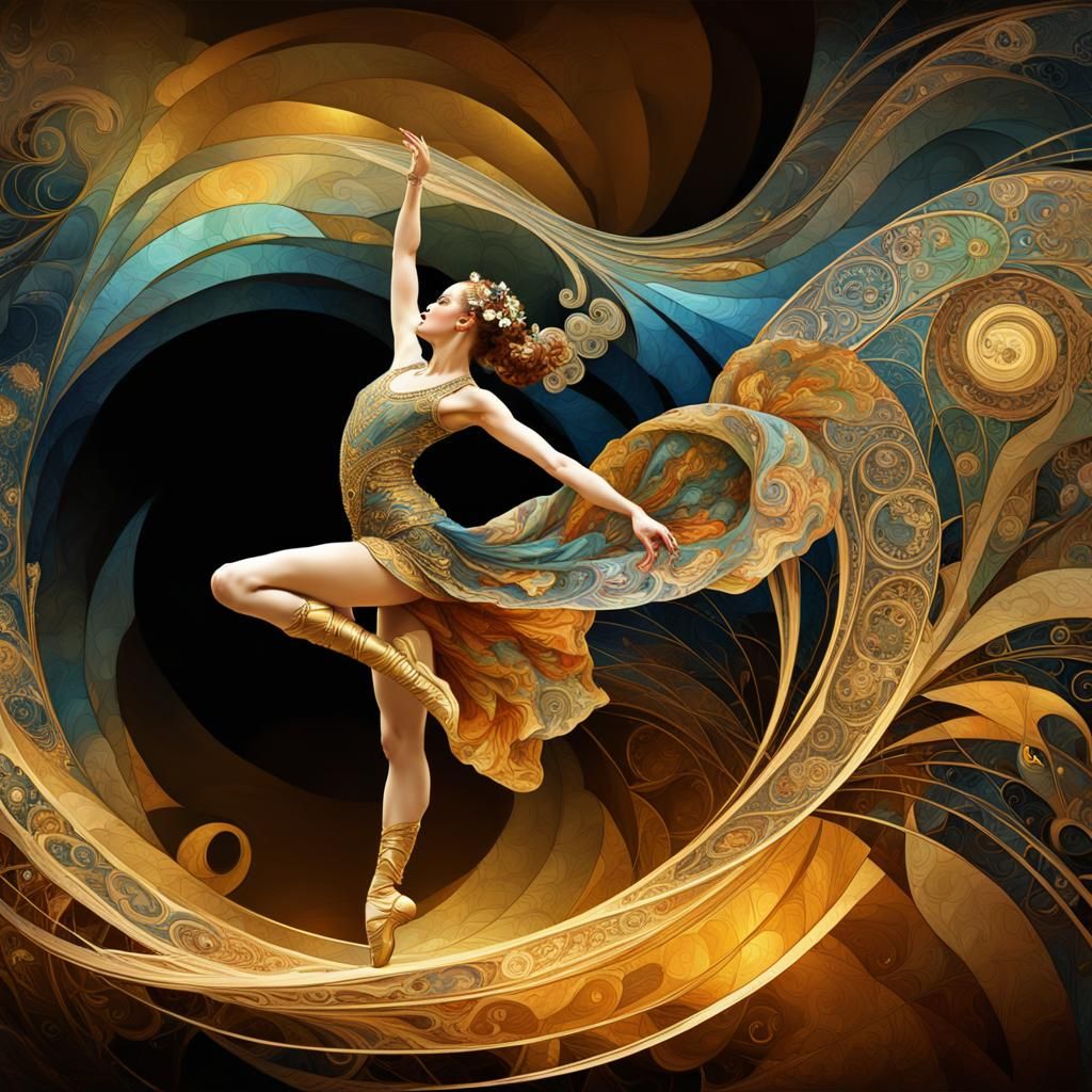 Dancer in Art Nouveau Style with Fractal Curves