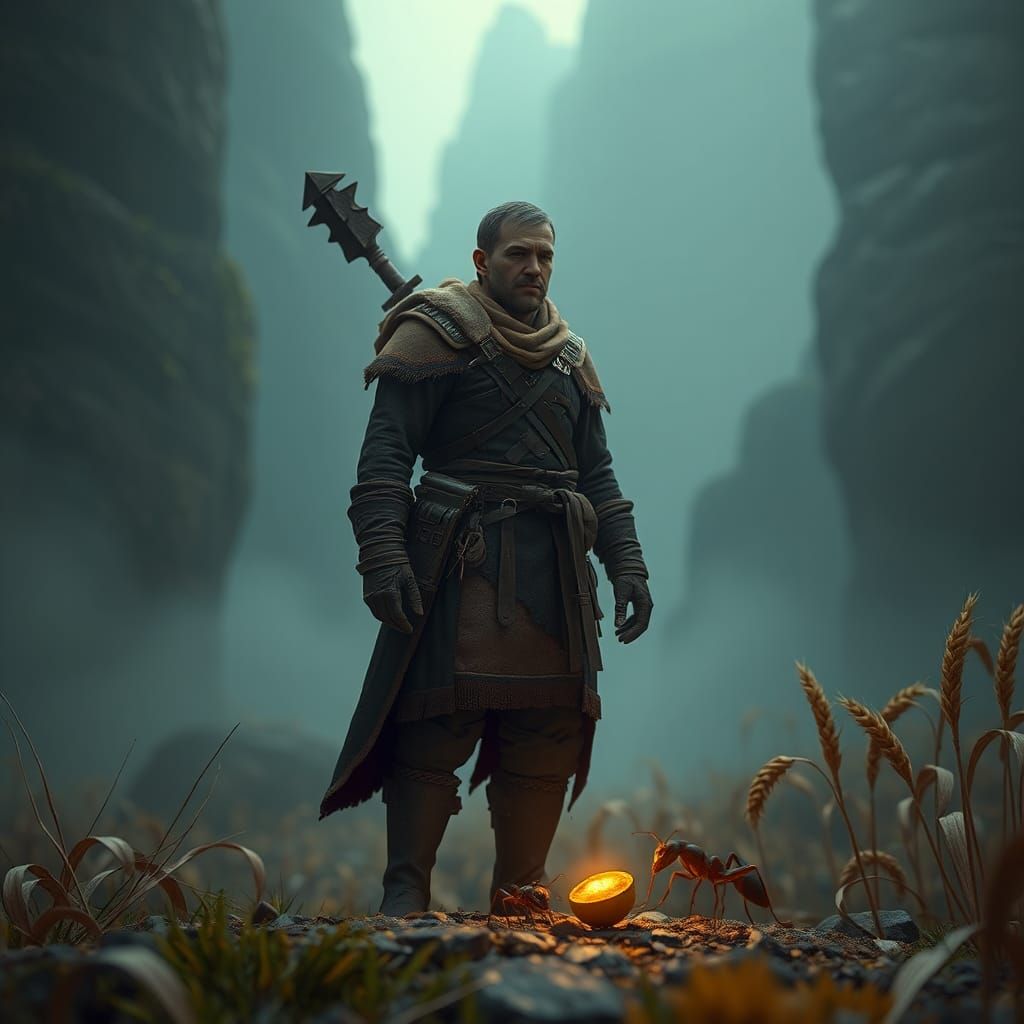 Stoic Hunter in Mystical Realm: 3D Render