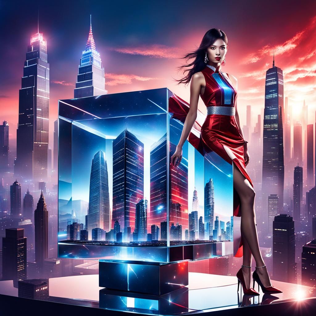 Supermodel in Glass Cube with Bioluminescent City