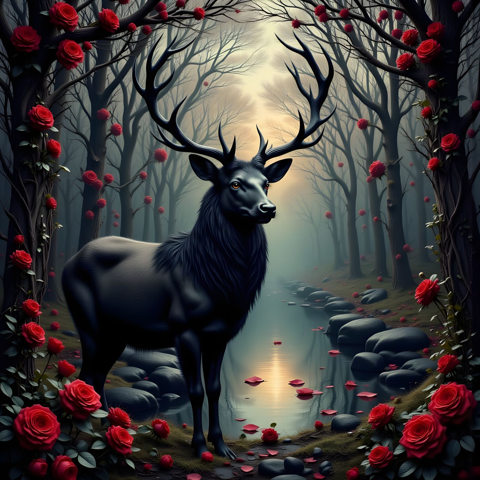 Gothic Stag by Reflective River with Roses