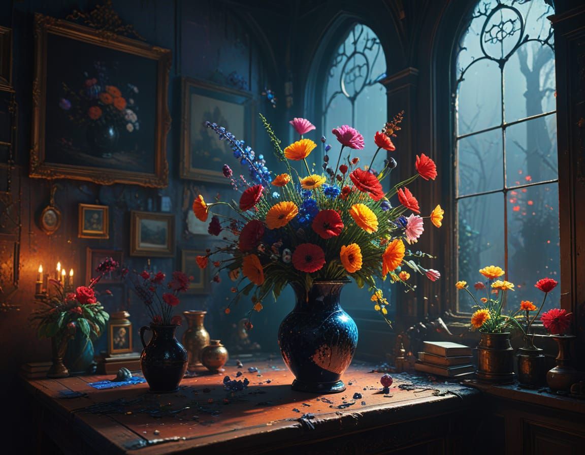 Gothic Masterpiece with Vibrant Flowers in a Hyperdetailed S...