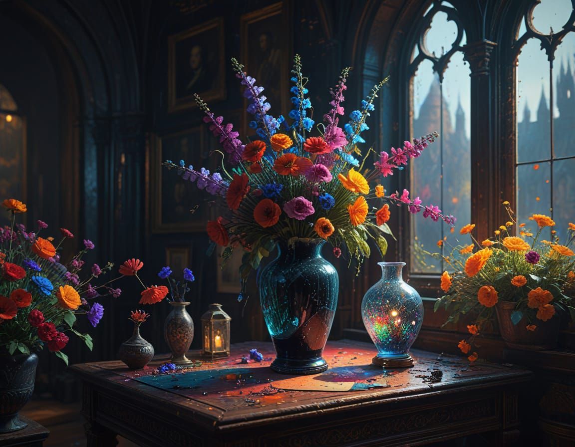 Ethereal Gothic Sanctuary Illuminated by Vibrant Blooms