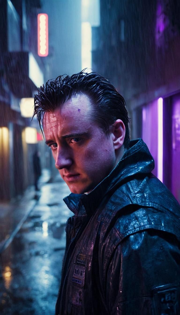 Cyberpunk Protagonist in Rainy Cityscape