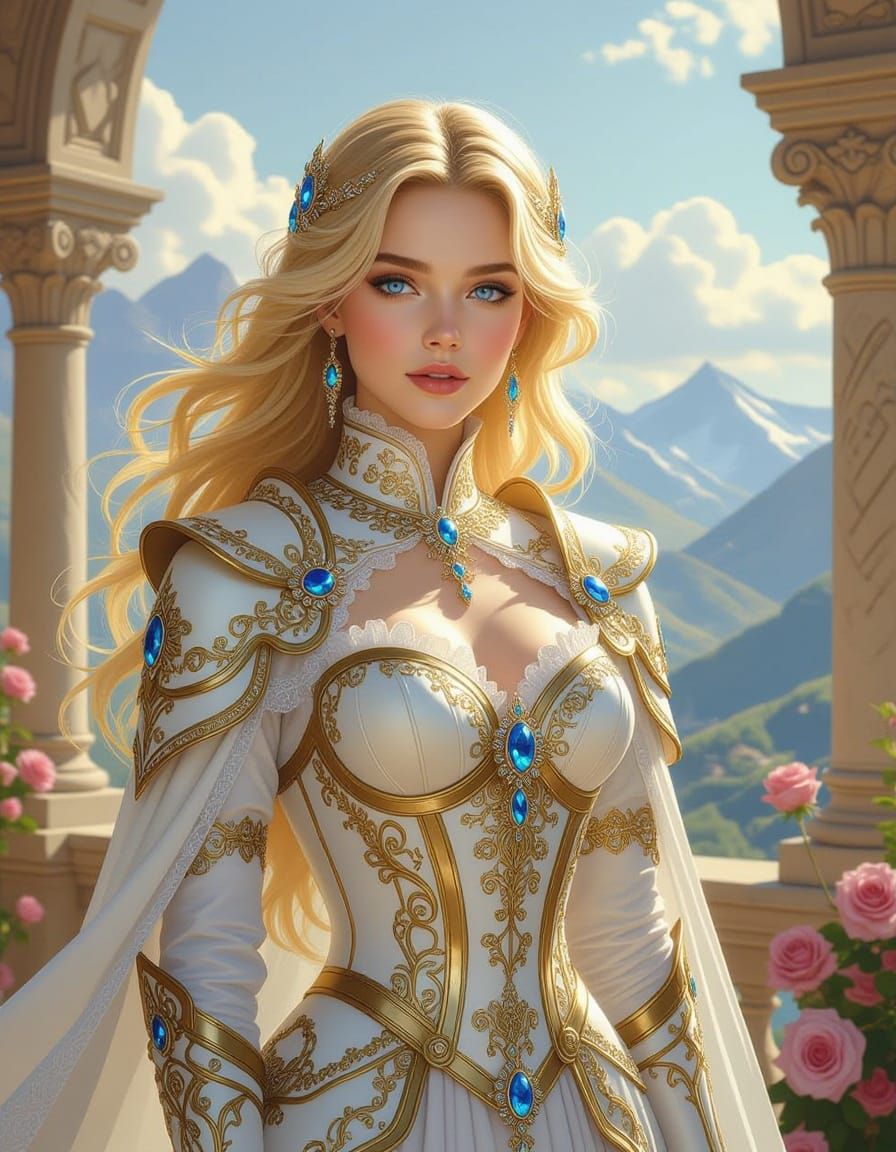 Radiant Princess on Balcony Overlooking Sunlit Mountains