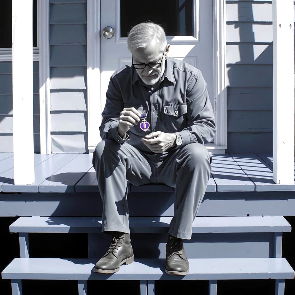 Monochromatic Painting of Somber Man with Purple Heart