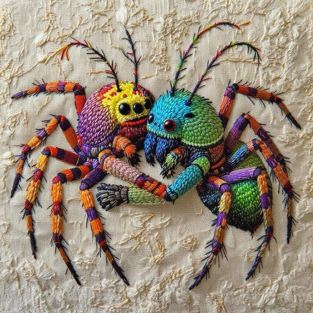 Surreal Embroidered Art: Humorous Spider Embrace