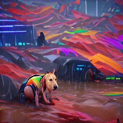 Sad Dog on Rainbow Mountain in Cyberpunk Style