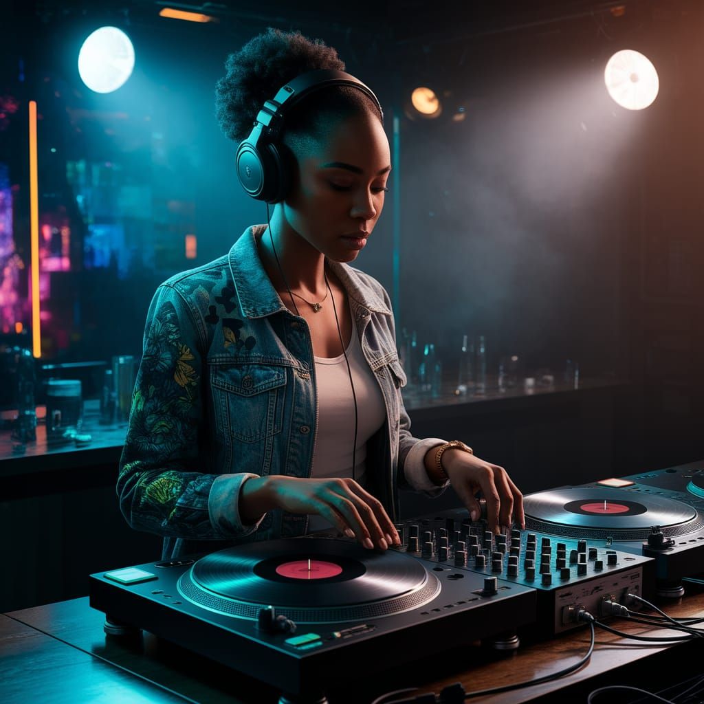 Black Female DJ Spins Vinyl in Smoky Nightclub