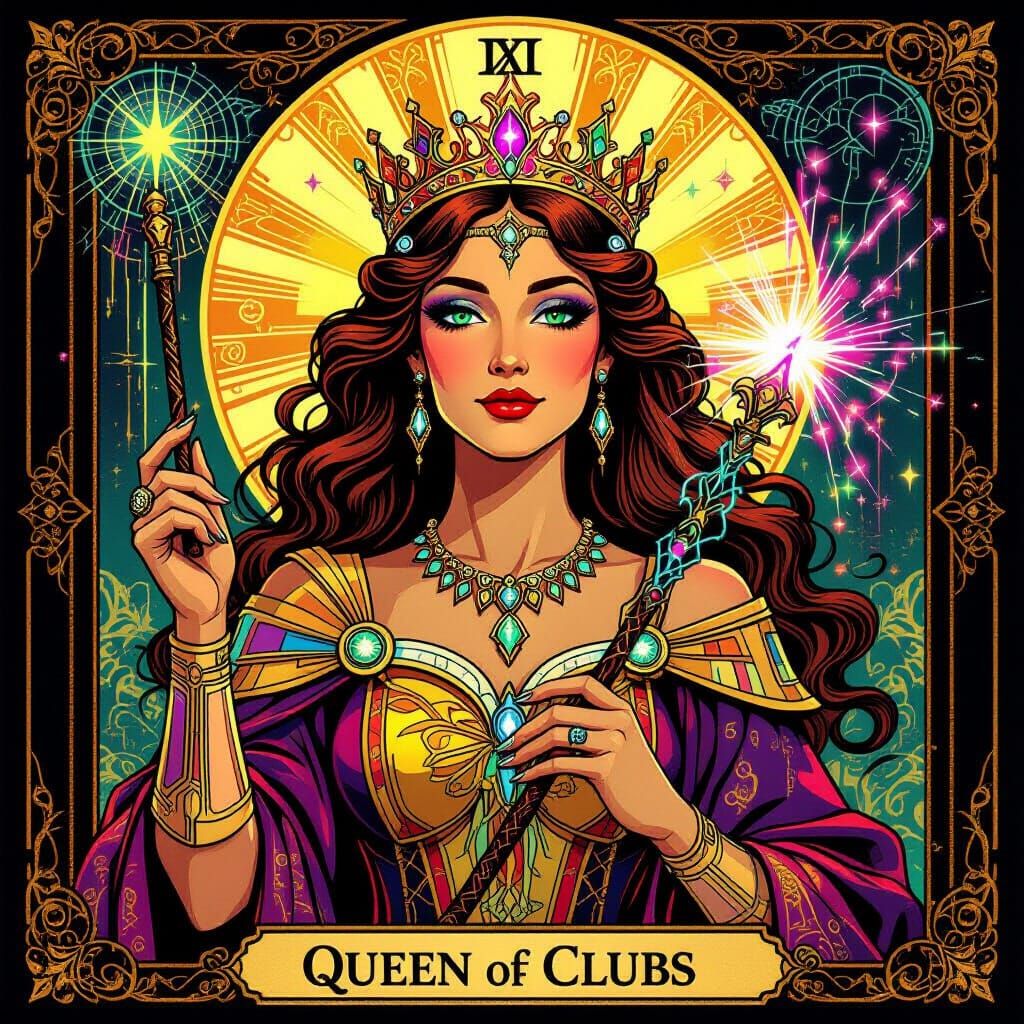 Queen of Wands Tarot Card with Cybernetic Glitchcore Style