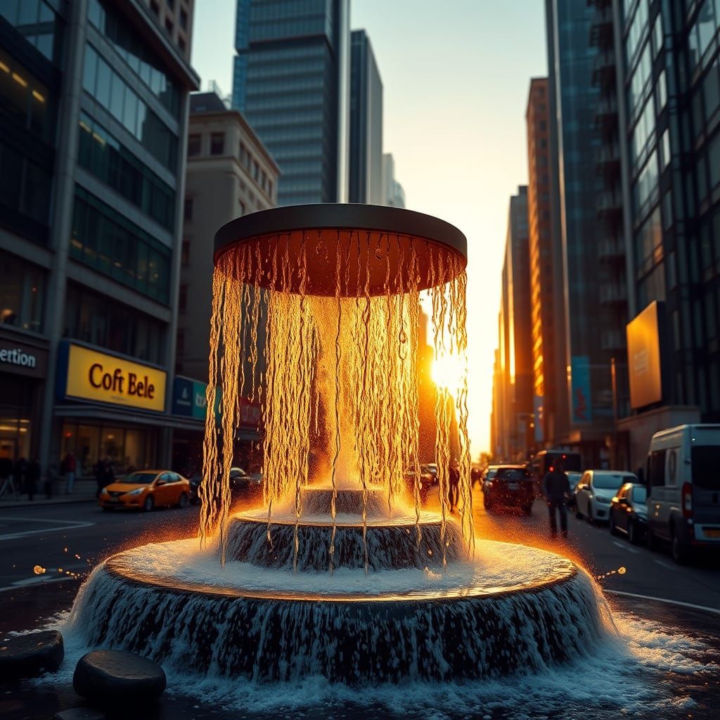 Coffee Waterfall in City at Golden Hour