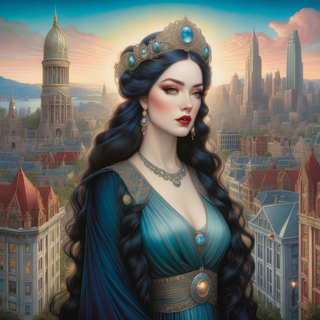 a highly detailed illustration of a beautiful young women in city 2023, by Evelyn De Morgan,Shawn Coss,Mark Ryden,Yvonne...