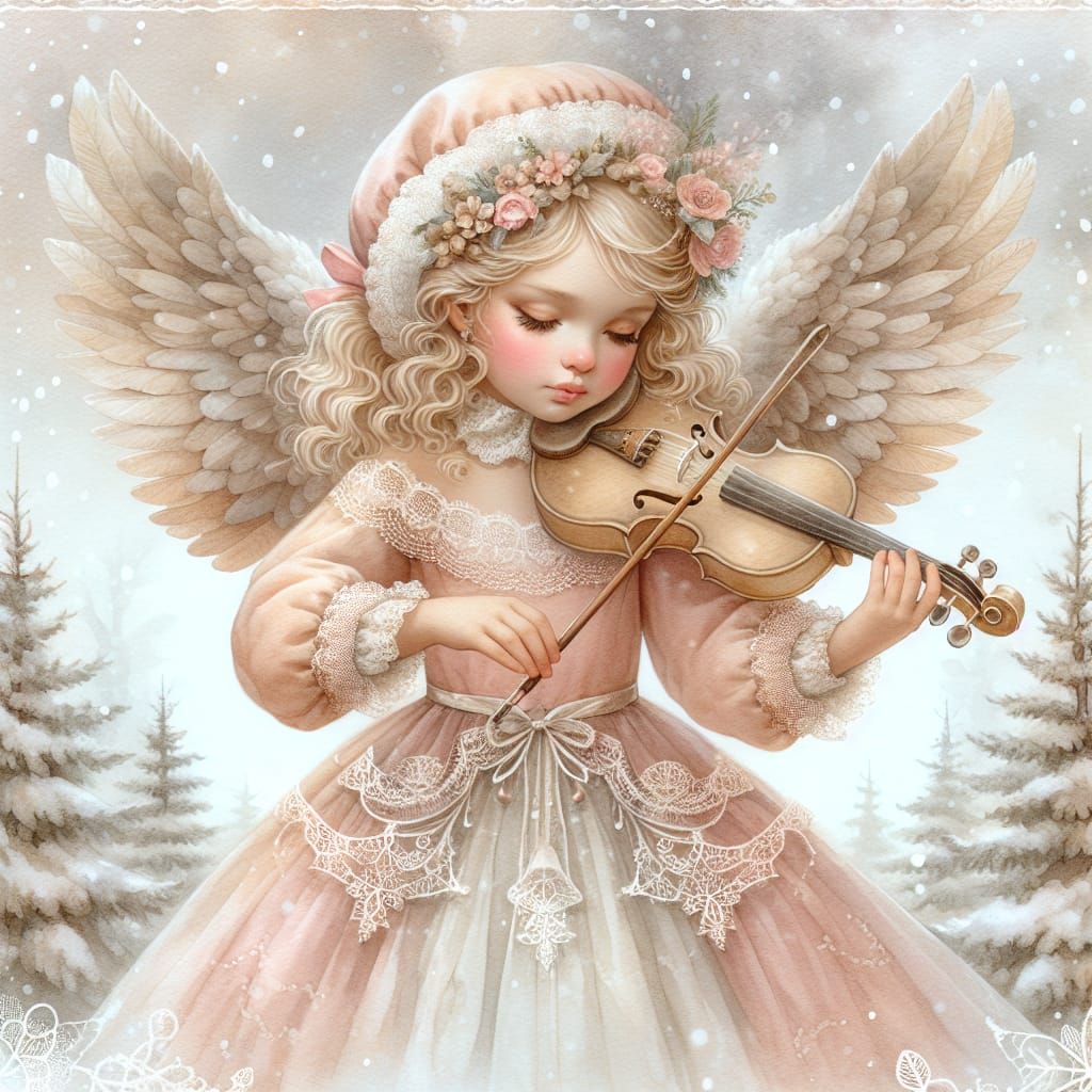 Christmas Angel Plays Violin in Winter Wonderland
