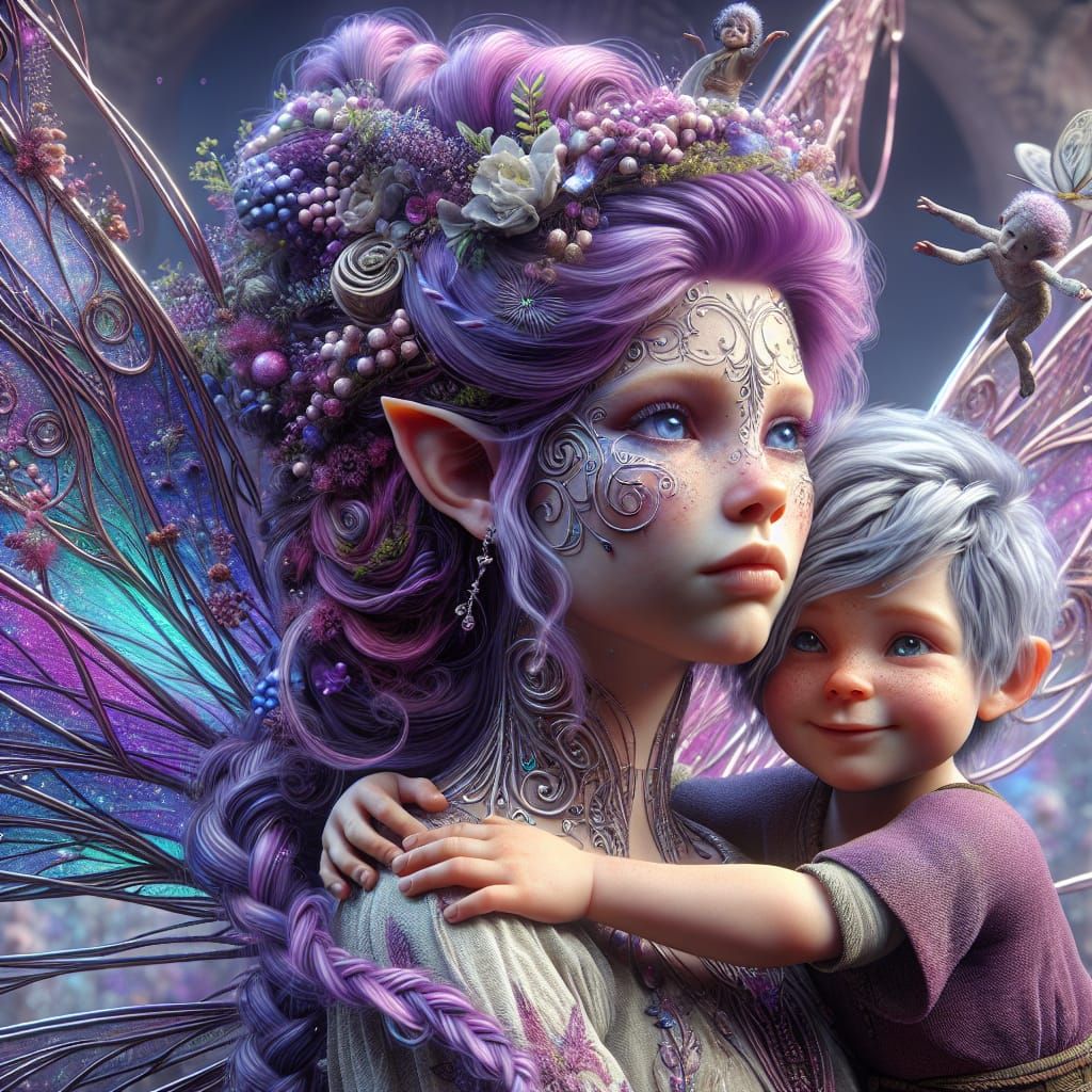 Annoyed Purple-Haired Fairy with Boy in 8K