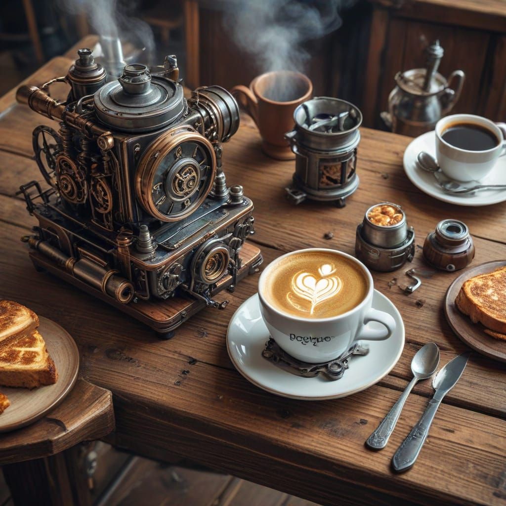 Steampunk Morning Scene with Coffee and Breakfast