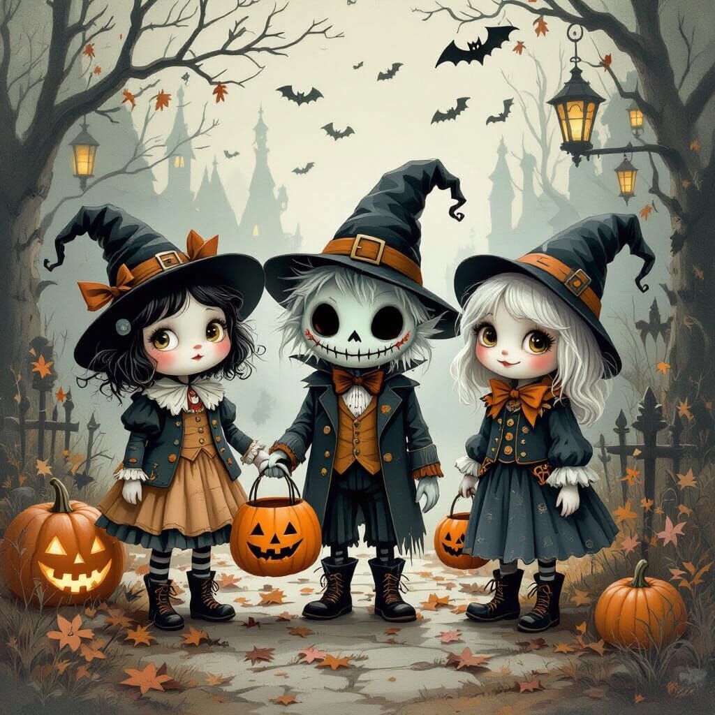 Vintage Halloween Scene with Whimsical Monsters