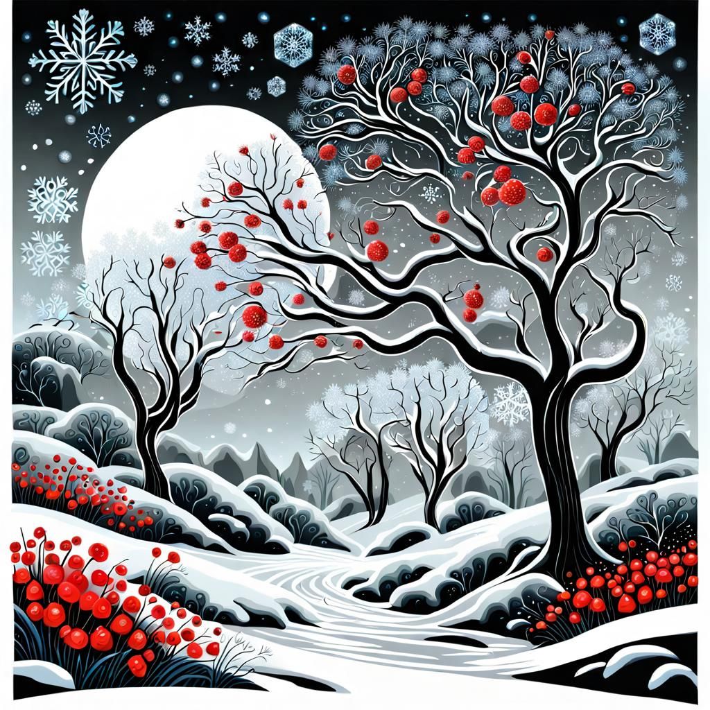 Fantastical Winter Landscape with Red Snowdrops