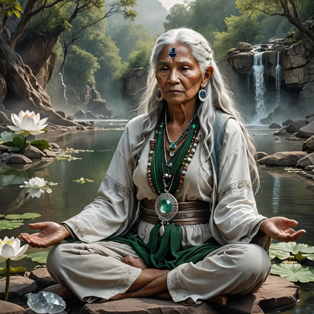 Native American Medicine Woman Meditating with Crystal