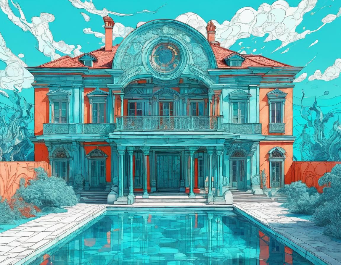 Ethereal Fauvist Art Nouveau Scene in Aquamarine and Vermili...