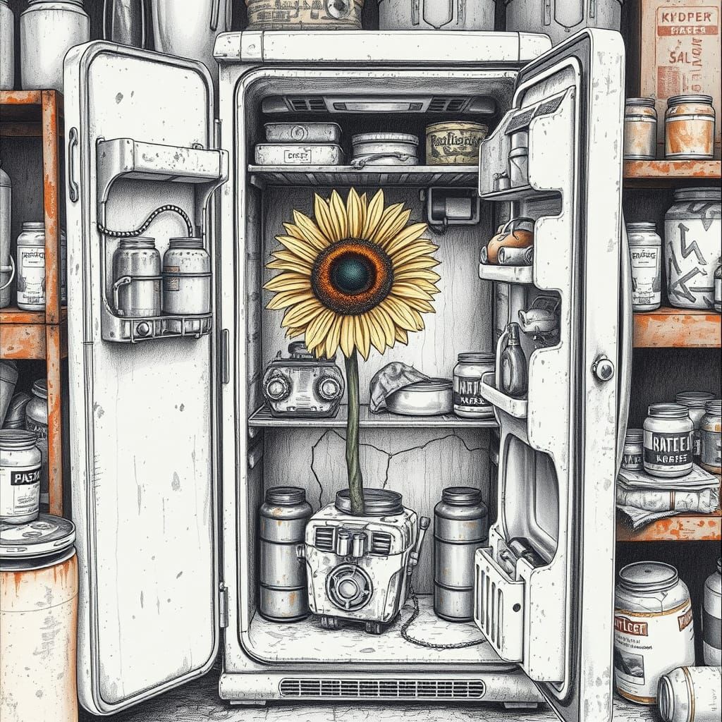 Sunflower in Retro Refrigerator: Charcoal Drawing