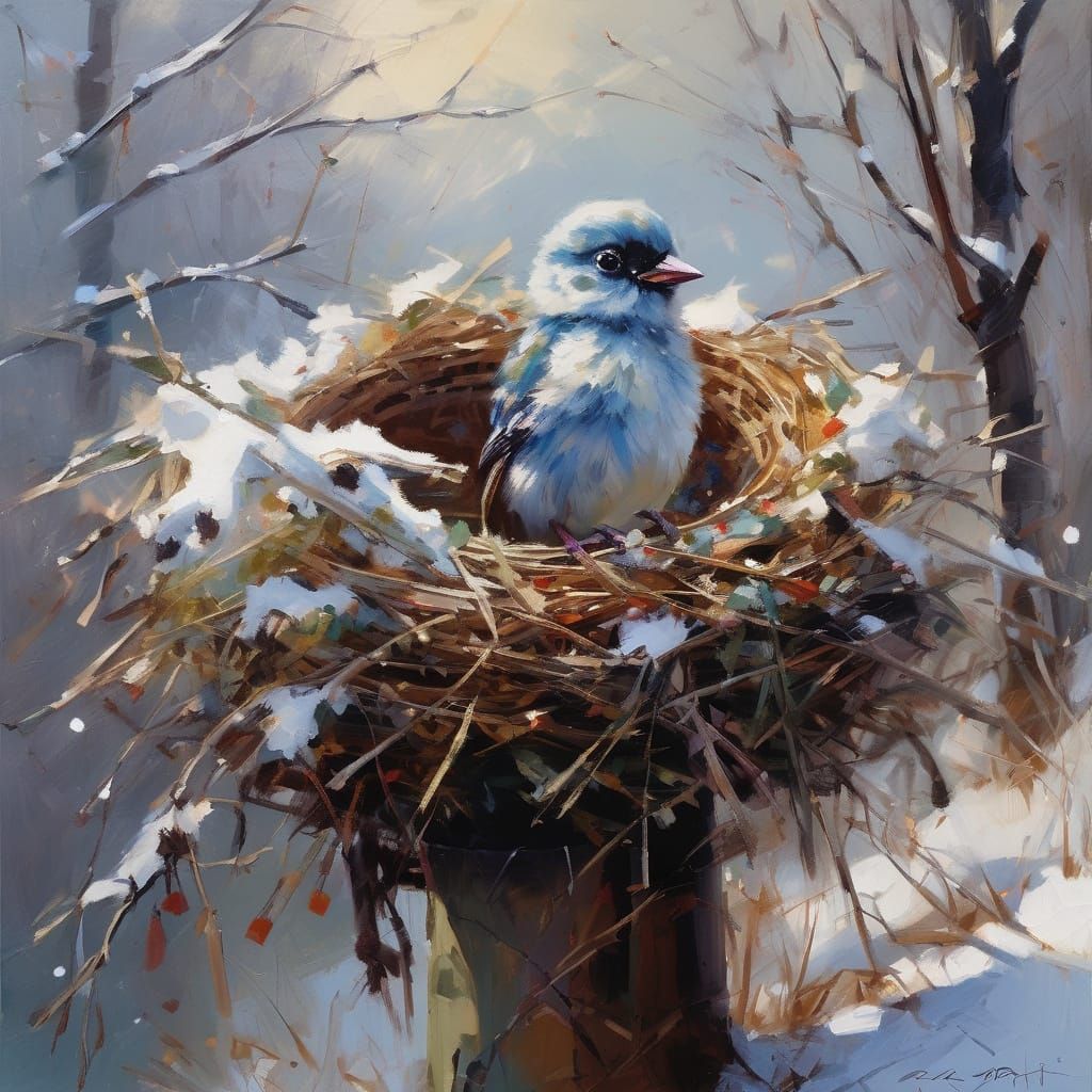 Fluffy Baby Bird in Snowy Nest Oil Painting