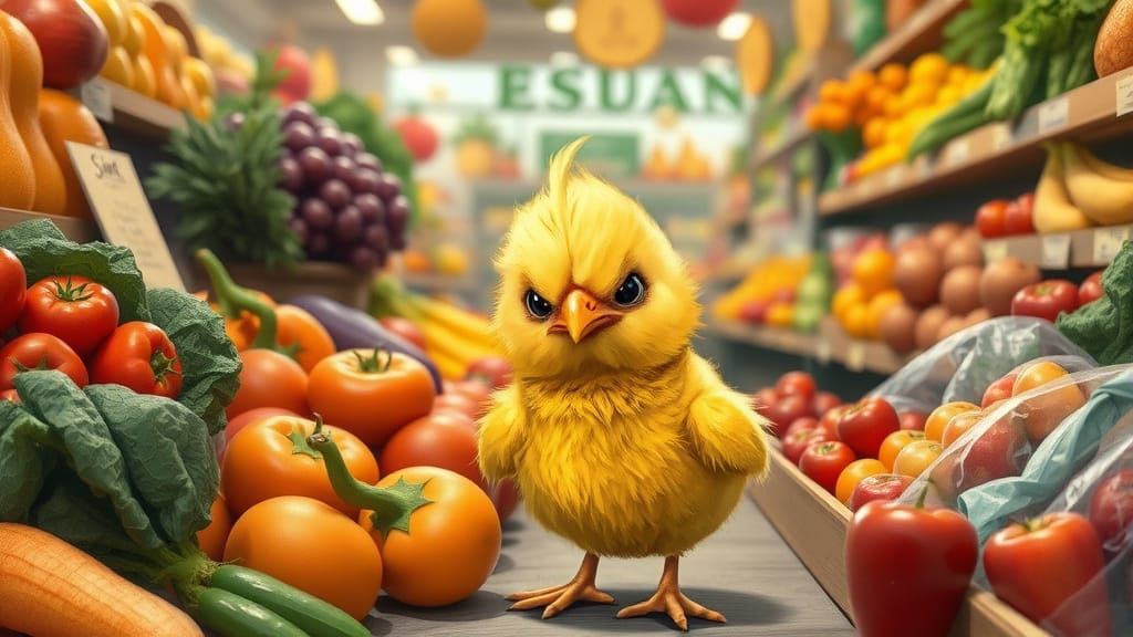 Angry Chick in Grocery Store, Whimsical Digital Art