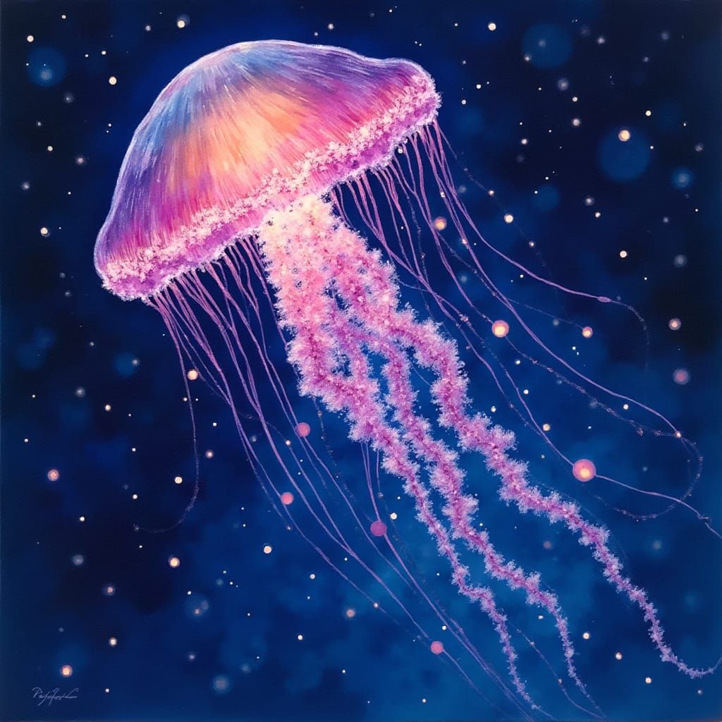 Bioluminescent Jellyfish in Starry Ocean: Watercolor Art