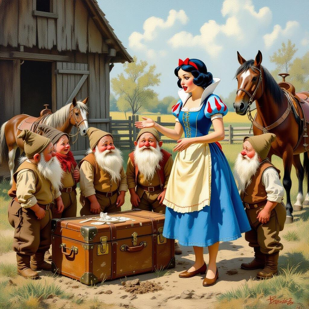 Snow White's Scolding: A Rockwell-esque Farmyard Scene