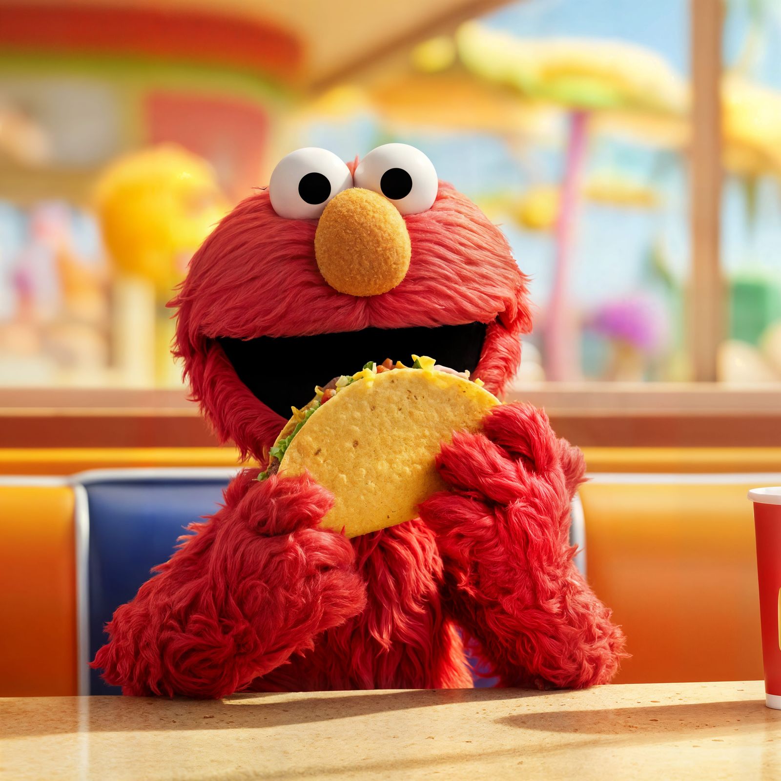 Elmo Savoring Taco Delight in a Sunny Fast Food Setting