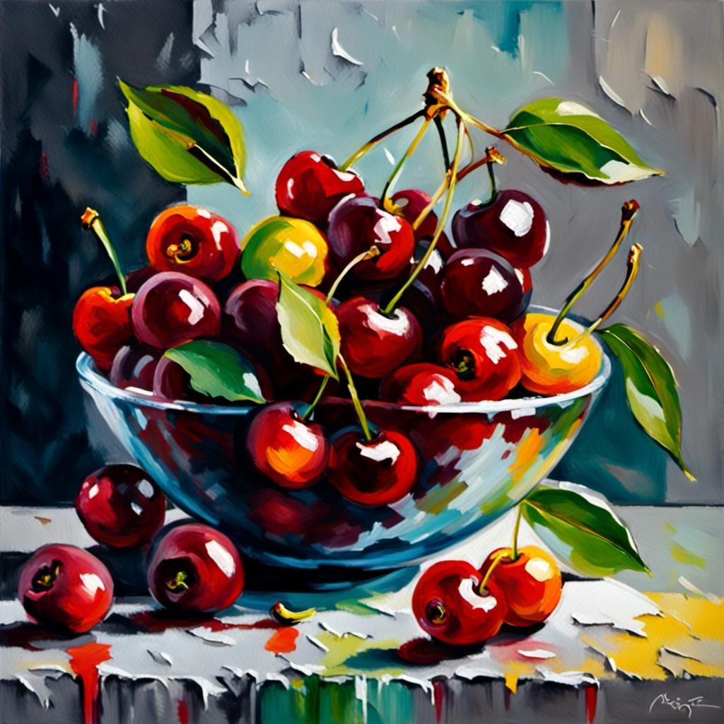 Vibrant Neo-Impressionist Masterpiece: Cherries in a Glass B...