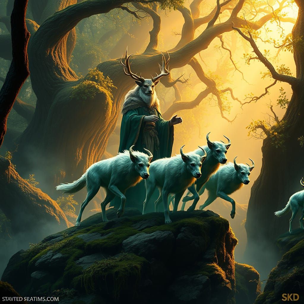 Majestic Sidhe Lord Hunts with Spectral Fay Hounds in Emeral...