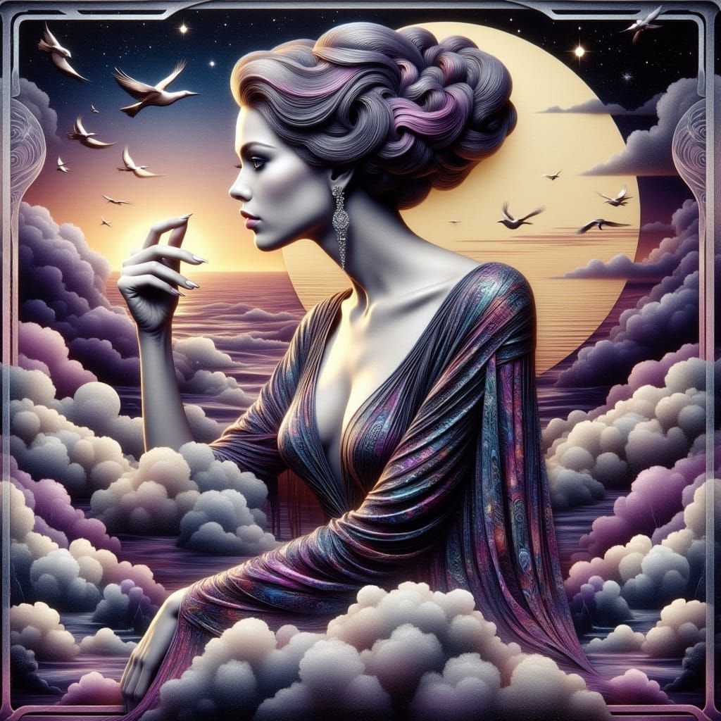 Ethereal Art Deco Goddess Among Clouds