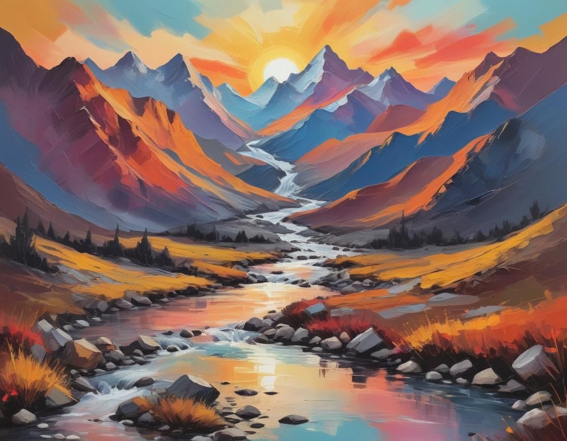 Abstract Sunset Over Mountains with Creek